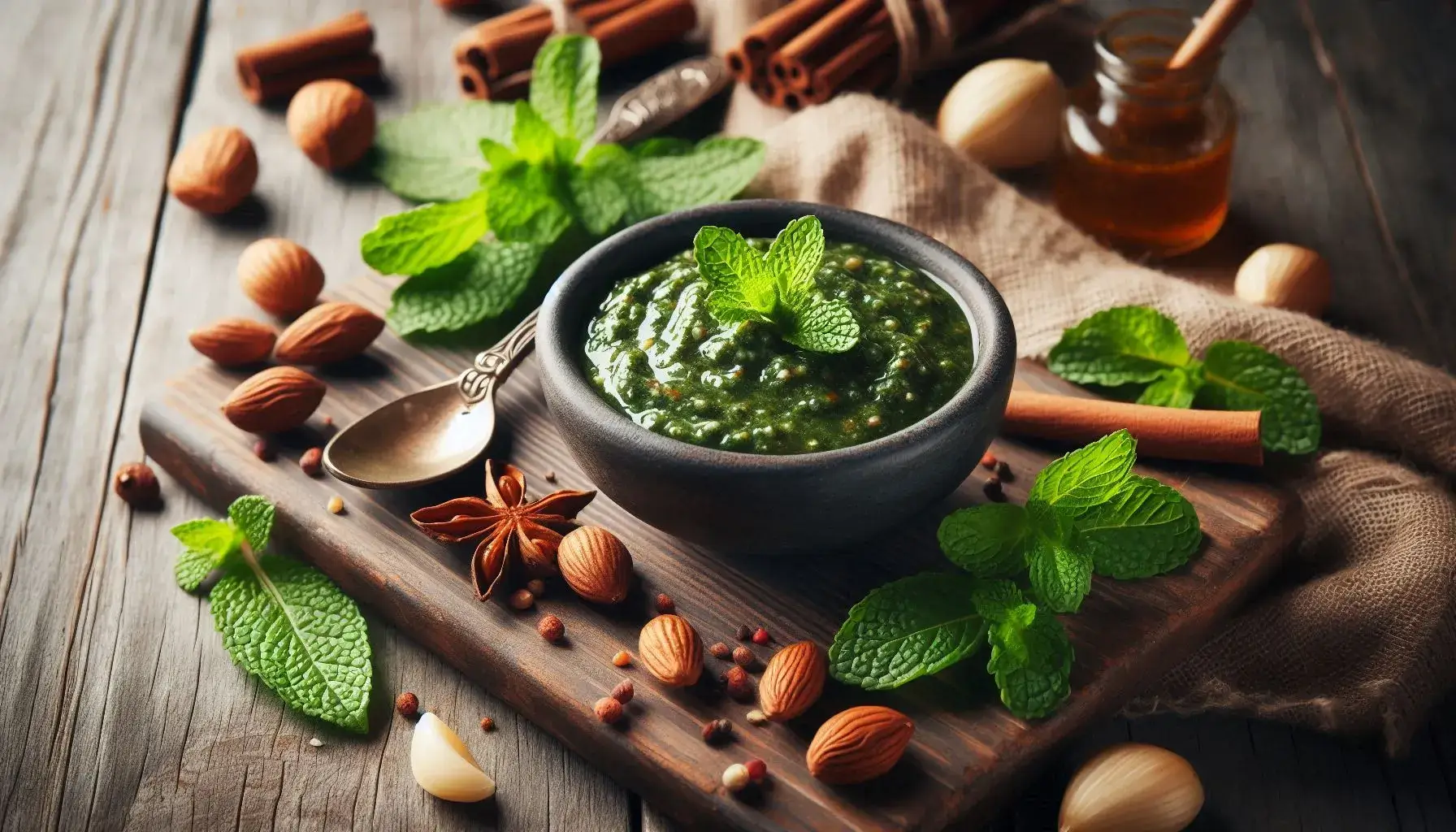 Mint-Kaitha Chutney served in a bowl